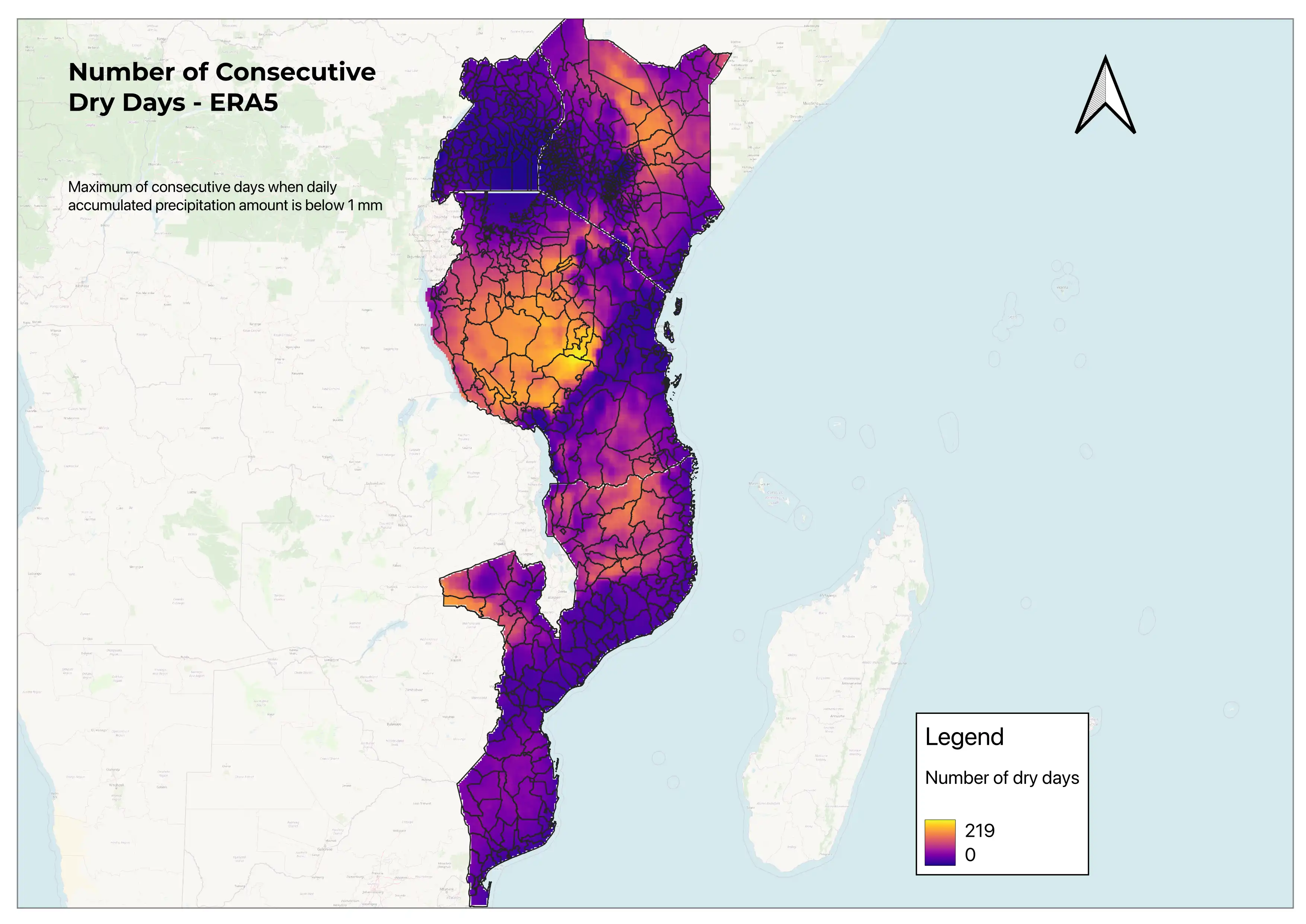 GIS image showing the number of consecutive dry days in Kenya, Uganda, Tanzania and Mozambique.