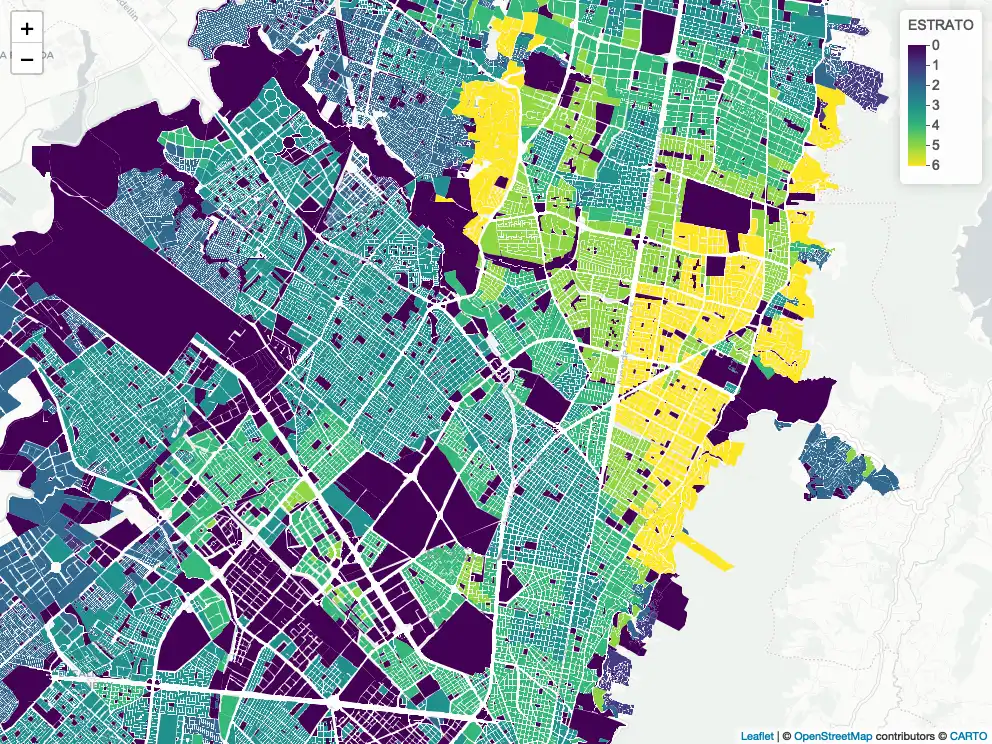 Leaflet map showing the price of housing per block, in Bogotá. With low-cost housing shown in purple (labelled as "Estrato 0") and high-cost housing shown in yellow (labelled as "Estrato 6")